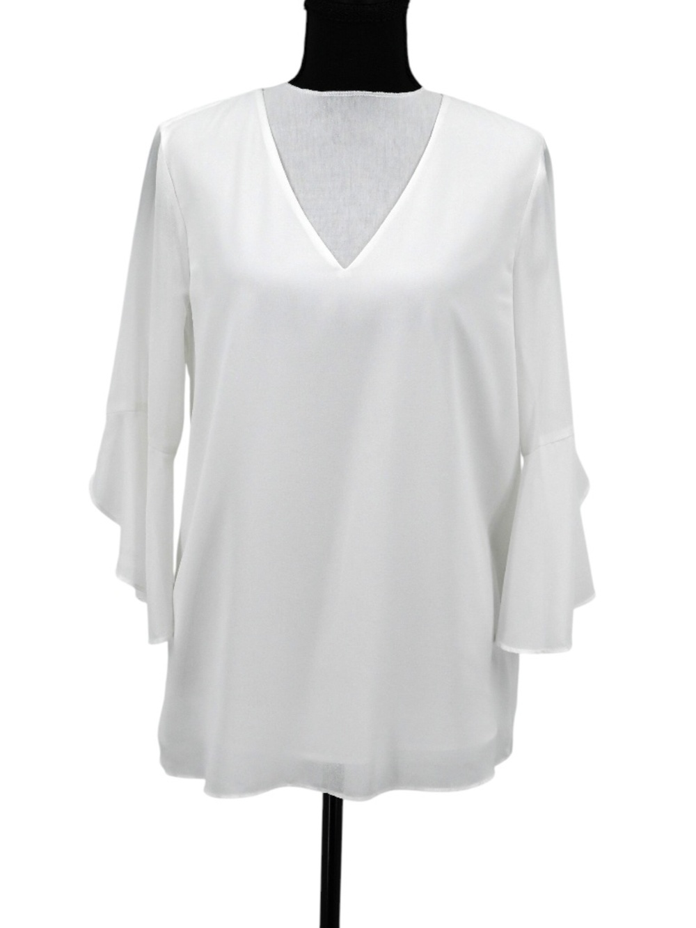 Calvin Klein White Chiffon V-Neck Blouse with Layered Bell Sleeves Size Small